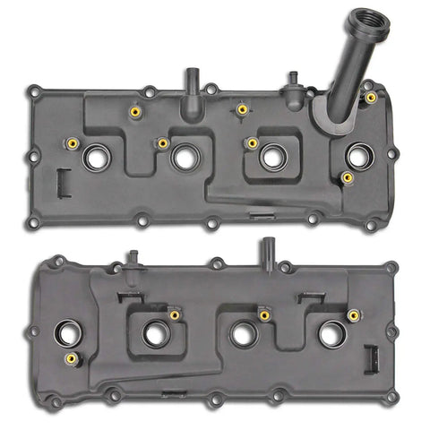 Nissan Armada Infiniti QX56 5.6L Beefed Up Valve Cover Set With Bolts Oil Cap Gaskets Spark Plug Tube Seals PCV Valve Replacement Kit For 2004-2016 Models Ready To Install, top view of two valve covers.