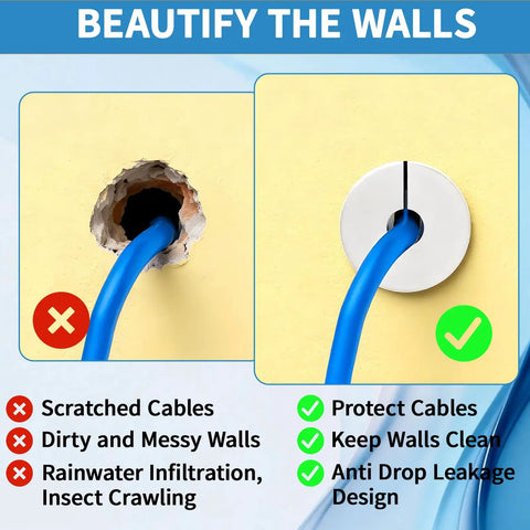 Before and after showing wall hole covered with 4 Pack Of Hella Flexible White 3/4 Inch Silicone Cable Grommets For Starlink.