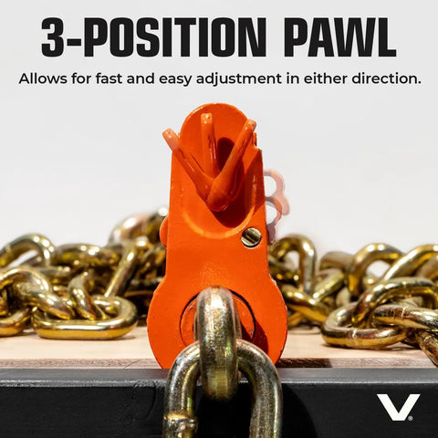 Detail of 3-position pawl on heavy duty ratchet load binder, designed for quick adjustments during cargo securing.
