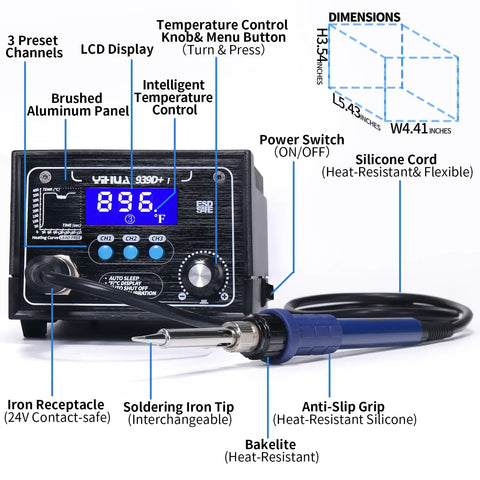 Upgraded 939D I Soldering Station Pro Grade 75W Equivalent, LCD Display, Brushed Aluminum, Auto Shutdown, Anti-Slip Grip, Dimensions Diagram