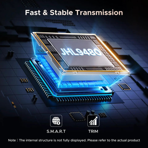Close-up of JHL9480 chip showcasing Fast & Stable Transmission for Hot Swap External M.2 NVMe SSD Enclosure with Thunderbolt 5.