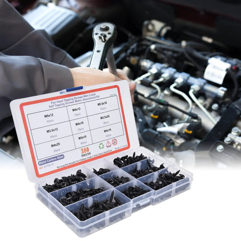 380Pcs Self Tapping Screws Kit Black Carbon Steel Round Head Self Drilling Screws With Washer in use for car maintenance