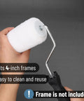 Premium 4 Inch Paint Roller Cover Set 10 Pack Lint Free Durable Foam Core No Hassle Smooth Finish Top Shelf Quality For Walls And Detail Work Quick Dry Solid Build Guaranteed To Perform held in hand with frame attachment.