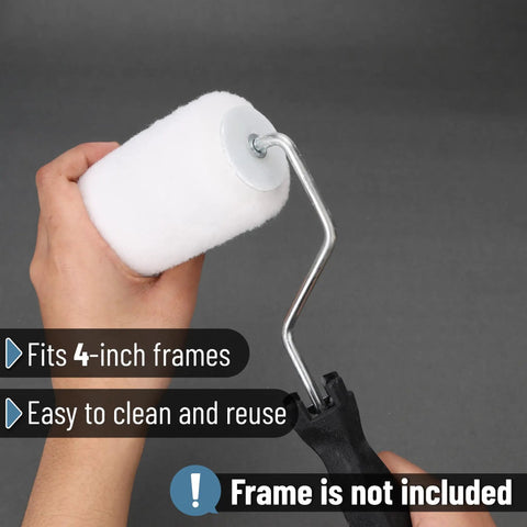 Premium 4 Inch Paint Roller Cover Set 10 Pack Lint Free Durable Foam Core No Hassle Smooth Finish Top Shelf Quality For Walls And Detail Work Quick Dry Solid Build Guaranteed To Perform held in hand with frame attachment.