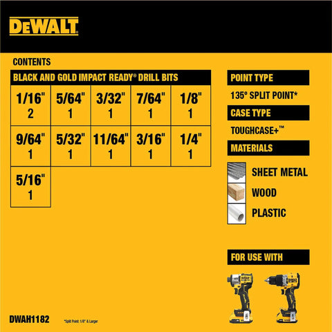 Image detailing various sizes of Black and Gold Impact Ready Drill Bits in the 12 Piece Black And Gold Drill Bit Set With Premium Finish Impact Driver Bits For Metal Plastic And Wood, Durable Tapered Core And Rust Resistant Coating, 135 Degree Split Point On 1/8 Inch And Larger, Works With Most Impact Drivers And Drills.