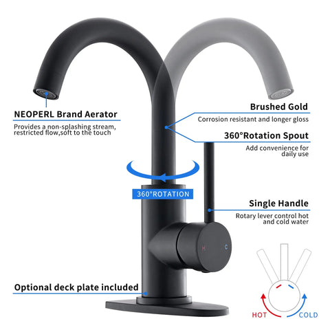 Matte Black Single Handle Sink Faucet With 360 Degree Swivel Spout Deck Plate 4 Inch Centerset Lavatory Faucet Pop Up Drain
