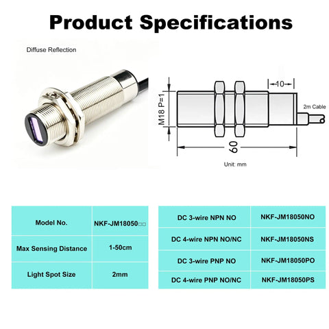 Ultra Compact Laser Photoelectric Sensor Switch M18 PNP No-Brainer 12-24V DC 3 Wire 1-50cm Detection 1ms Fast Response Tiny 2mm Laser Spot Normally Open Laser Beam Sensor NKF-JM18050 Precision Object Detector, M18 sensor dimensions