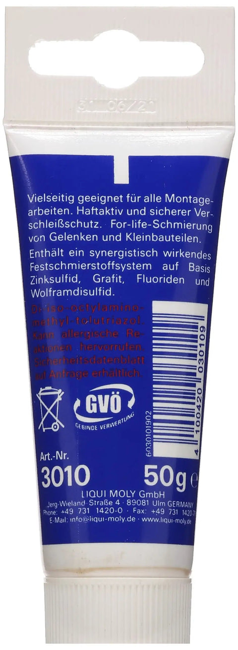 Back view of LM 48 Installation Paste For Engine And Gearbox Assembly, Pro Grade Lubricant Paste, 50 g tube with product details.