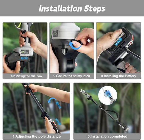 Installation steps for Heavy Duty Cordless Electric Pruning Shears With Telescopic Pole And LCD Display 21 Volt Dual Battery Kit.
