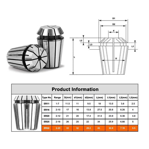 Top Tier 1 Pcs High Precision Er Spring Collet Chuck For CNC Router Mill Machine Lathe Tooling Grip Clamping System With Secure Hold Low Runout technical specifications with size dimensions.