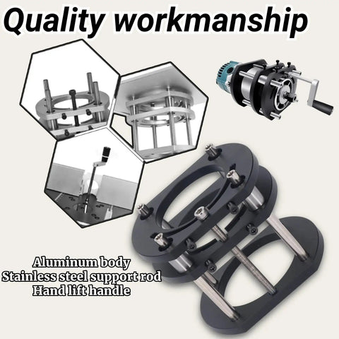 Heavy Duty Router Lift System With Four Jaw Chuck For Hassle Free Height Adjustments And Rock Solid Router Table Inserts crafted with aluminum body and stainless steel support rods.
