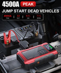 Beast Jump Starter With Air Compressor And Tire Inflator connected to car battery, showing 4500A peak power.