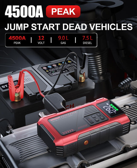 Beast Jump Starter With Air Compressor And Tire Inflator connected to car battery, showing 4500A peak power.