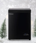 Freestanding Black Mini Chest Freezer With Precision Electronic Thermostat And Two Removable Baskets, ideal for tight spaces.