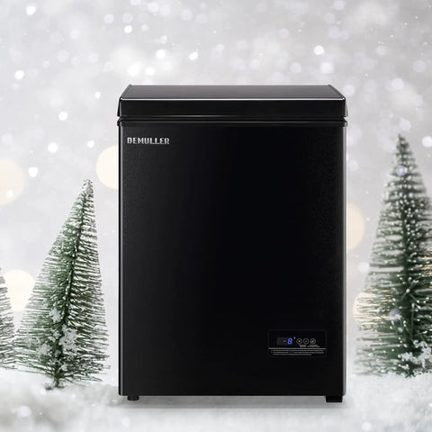Freestanding Black Mini Chest Freezer With Precision Electronic Thermostat And Two Removable Baskets, ideal for tight spaces.