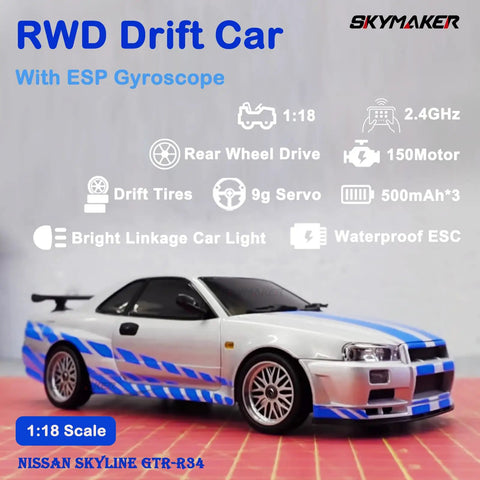 LDRC LD1899 1/18 RC Drift Car Nissan Skyline GTR R34 RWD With 2.4GHz Gyro Steering displayed with blue accents