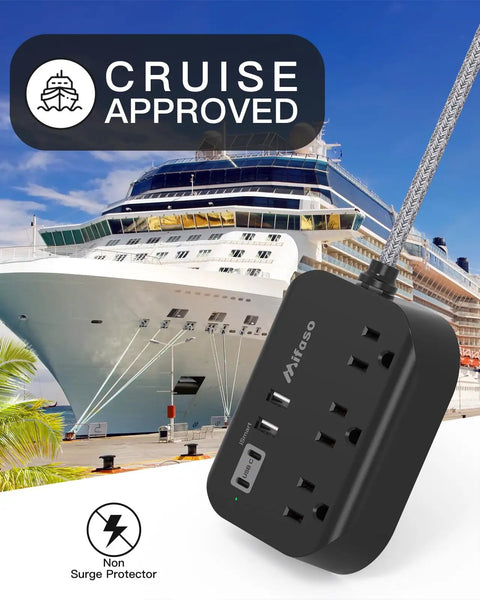 Travel Essentials Power Strip With USB Ports Compact Flat Plug Extension Cord 5ft Three Outlets Four USB Ports Non Surge Cruise Ship Ready Dorm Room Apartment Must Have Desktop Charging Hub