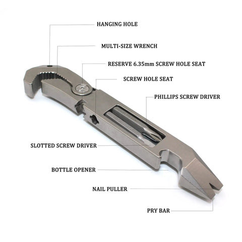 Labeled EDC Titanium Multitool Pry Bar with Pocket Clip Mighty Bar Packs Wrench, Screwdriver, Nail Puller, Bottle Opener, Box Opener.