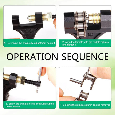 Pro Grade Motorcycle Chain Breaker Tool For 420 428 520 525 528 And 530 Roller Chains operation sequence guide.