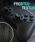 Close-up of a black game controller highlighting frosted texture with zoom-in inset. Features carbon fiber reinforced nylon filament look.