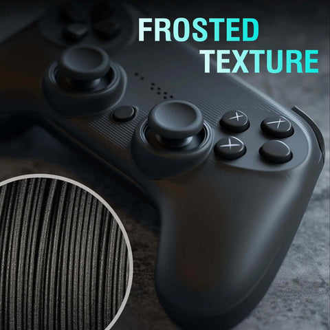 Close-up of a black game controller highlighting frosted texture with zoom-in inset. Features carbon fiber reinforced nylon filament look.