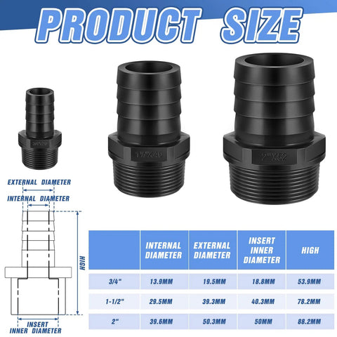 Go To Pool PVC Fittings Kit Barbed Hose Adapters With NPT Male Threads Three Quarter Inch For Industrial Tubing Portable Water Garden Kitchen And Pool Pumps Black 4 Pack size chart with 3/4, 1-1/2, and 2 inch adapters