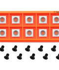 Rock Solid 11mm Square Carbide Roughing Inserts With Mounting Screws For Mini Woodturning Lathes, shown on orange tray with screws.