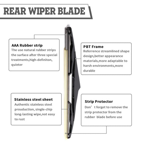 Heavy Duty Rear Windshield Wiper Arm And Blade Kit For Jeep Wrangler JK 2007 To 2018 With No Sweat Install showing key features and materials.