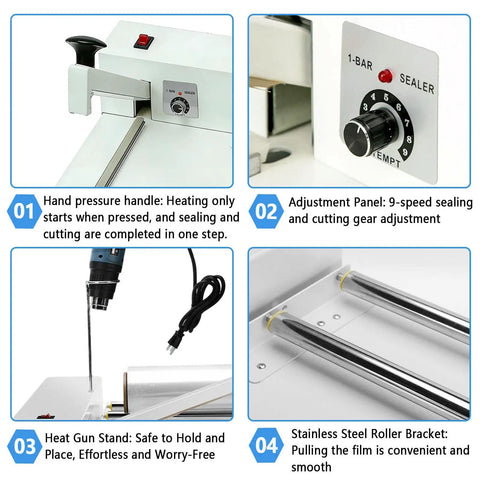 Heavy Duty Shrink Wrap Machine Kit With Heat Gun And Bar Sealer For 12 18 And 24 Inch Film Rolls, featuring adjustable panel and roller.