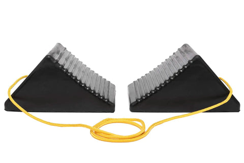 Heavy Duty Solid Rubber Wheel Chocks With Secure Tie Rope 8 By 5 By 4 Inch Anti Roll Parking Blocks For Trucks Trailers Rv And Vans Universal Fit Garage Duo Pack That Locks Your Ride Down In Every Weather Kickass No Slip Grip