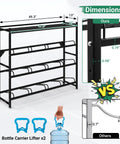 Heavy Duty 4 Tier Water Jug Rack With Top Shelf Holds Up To Nine 5-Gallon Bottles, Space Saving Storage For Garage, Shop, Man Cave, Or Home, Keeps Your Water Station Neat And Ready, dimensions shown