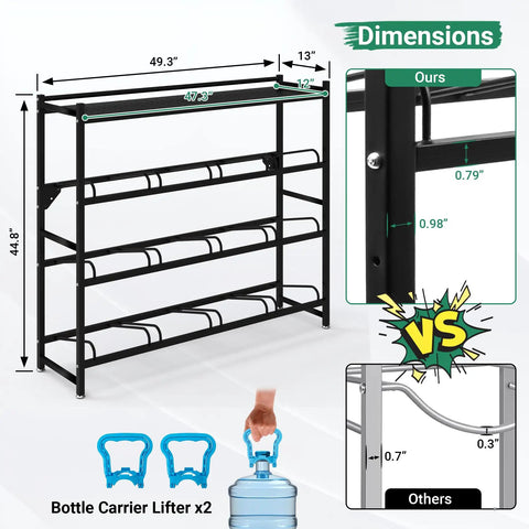 Heavy Duty 4 Tier Water Jug Rack With Top Shelf Holds Up To Nine 5-Gallon Bottles, Space Saving Storage For Garage, Shop, Man Cave, Or Home, Keeps Your Water Station Neat And Ready, dimensions shown