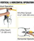 Shop Ready 15 Ton Hydraulic Gear And Wheel Bearing Puller Extraction Tool showing vertical and horizontal operation features.