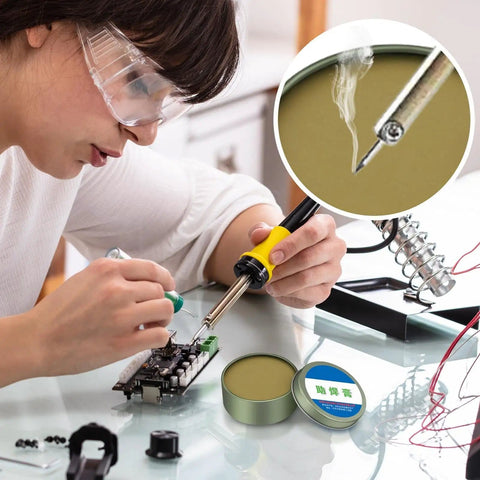 Technician using Pro Grade No Clean Solder Flux Paste for Electronics and PCBs on a circuit board, with a close-up of flux paste.