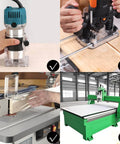 Composite image showing various routers used with Five Piece Top Bearing Flush Trim Router Bit Set With Carbide Tipped 1/4 Inch Shank.