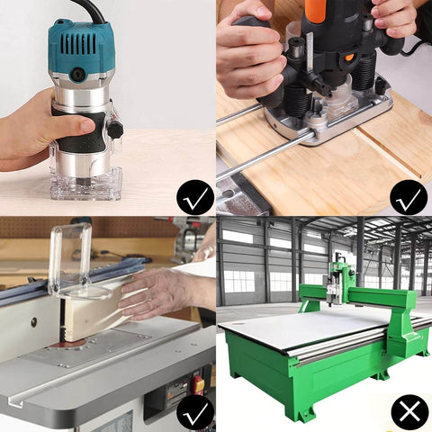 Composite image showing various routers used with Five Piece Top Bearing Flush Trim Router Bit Set With Carbide Tipped 1/4 Inch Shank.