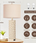 Set of 2 Farmhouse Table Lamps with 3-Way Dimmable Touch Control, Rustic Resin Nightstand Lamps with USB Ports, 26 Inch Cozy Living Room Bedside Lighting, 2700K LED Bulbs Included. Display of lamp with beige shade and dimmable controls.