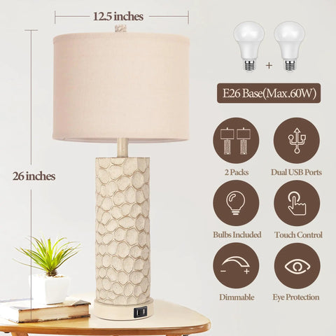 Set of 2 Farmhouse Table Lamps with 3-Way Dimmable Touch Control, Rustic Resin Nightstand Lamps with USB Ports, 26 Inch Cozy Living Room Bedside Lighting, 2700K LED Bulbs Included. Display of lamp with beige shade and dimmable controls.