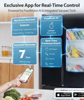 Woman using Beelicious app with fridge and scanned foods, related to 95Kpa Go-To Vacuum Sealer with dual-pump and double seal.