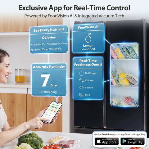 Woman using app for real-time freshness control in fridge, showcasing 95KPa Dual Pump Vacuum Sealer With Double Heat Seal