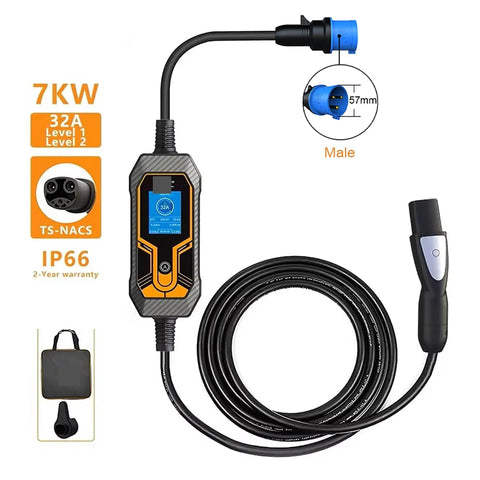 Grab And Go Portable Type Two EV Charger Seven Kilowatt Thirty Two Amps Fast Electric Vehicle Charging Station with five meter cable.