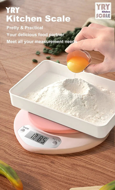 Pink Kitchen Scale With Large LCD Display And Tare Function 11 Lb Capacity 0.03 Oz Graduation being used with flour and egg
