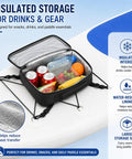 Front Deck SUP Storage Bag With Insulated Cooler Compartment for Tahoe Cascade 12ft 6in Paddle Boards, open with snacks.
