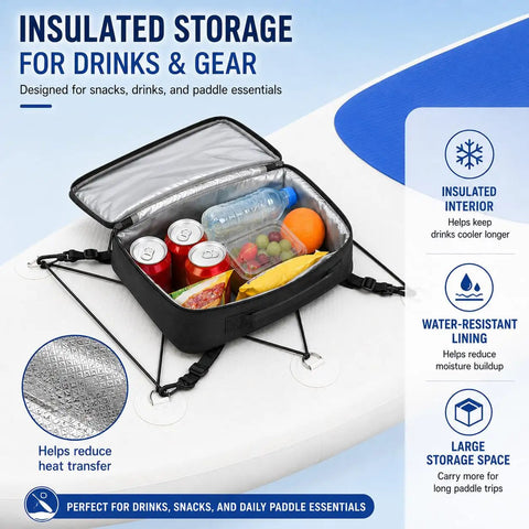 Front Deck SUP Storage Bag With Insulated Cooler Compartment for Tahoe Cascade 12ft 6in Paddle Boards, open with snacks.