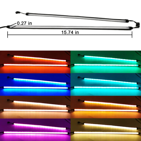 Neon PC RGB LED Strip Kit With 48 LEDs On Two 15.7 Inch Strips, various colorful lighting modes, 12V 4Pin RGB header shown.