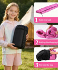 All Season Kids Sleeping Bag For Girls And Boys, Lightweight Weatherproof Camping Bag in carry case, folding steps shown