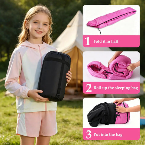 All Season Kids Sleeping Bag For Girls And Boys, Lightweight Weatherproof Camping Bag in carry case, folding steps shown