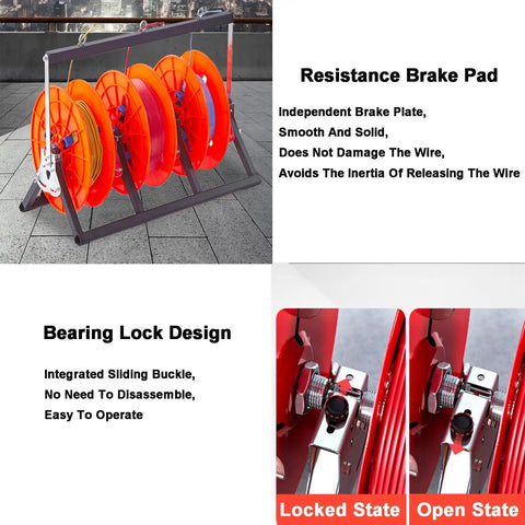 Heavy Duty Wheeled Spool Holder And Wire Cable Dispenser with anti-tangle design showing resistance brake pad and bearing lock.