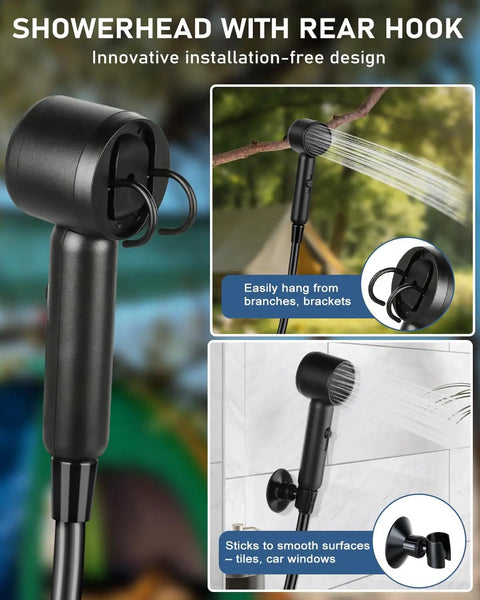 Portable Camping Shower Pump With 3 Speed Settings, Rechargeable Battery Powered Outdoor Shower, IPX8 Waterproof on branch