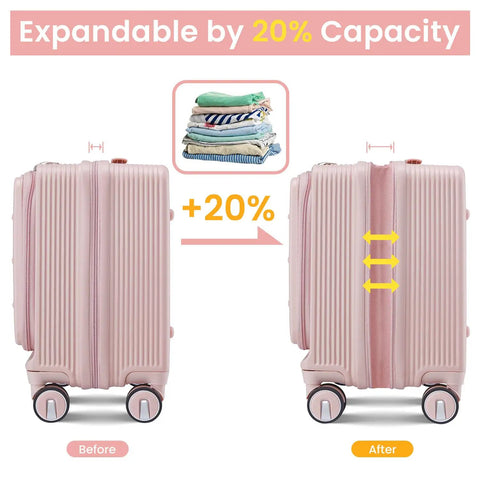Expandable All In One 3 Piece Luggage Set With 16 Inch Front Opening Carry On showing 20% expansion before and after